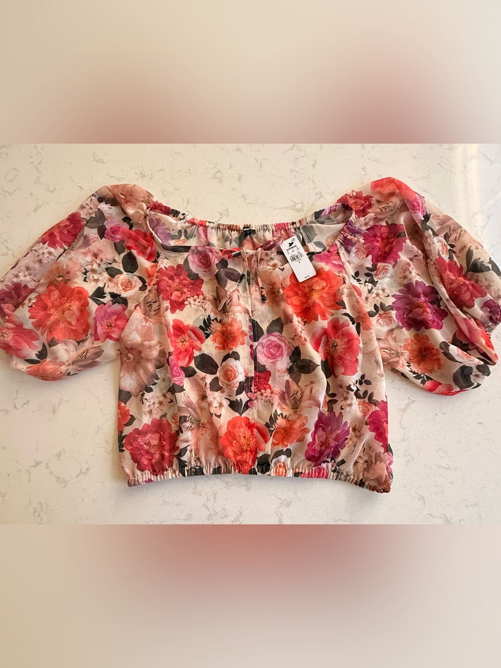 Express Floral Sheer Crop Top - Pink, Coral, Peach